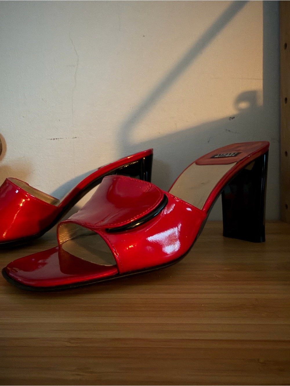 Vintage Stuart Weitzman Red Patent Open-Toe Block Heel Slides